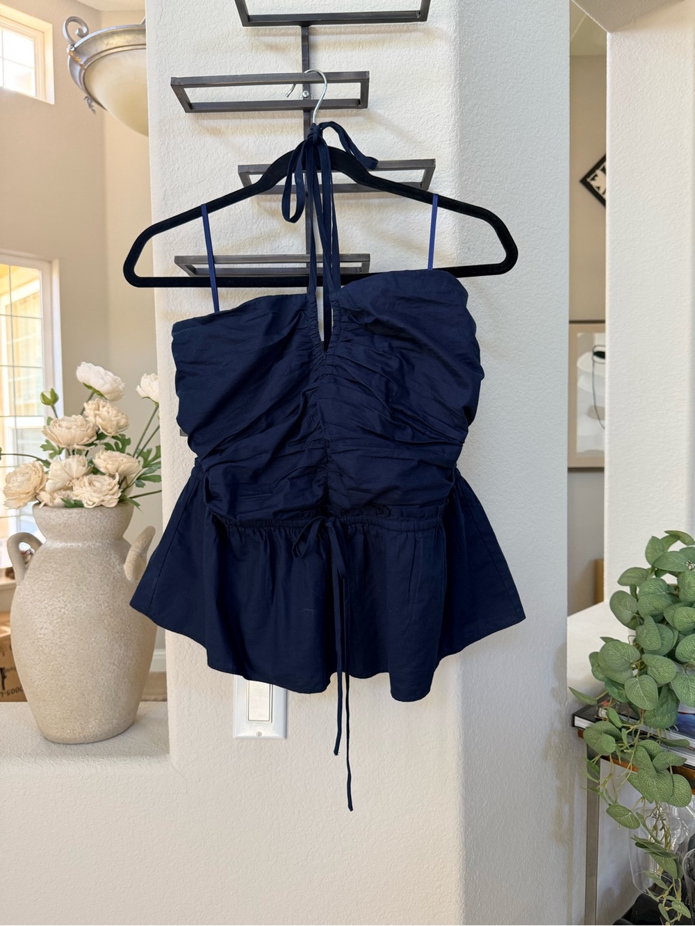 LOFT Navy Ruched Halter Peplum Camisole